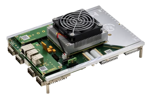 Angled view of KRC-4100 evaluation carrier with KRM-4 module, heat sink, and fan.