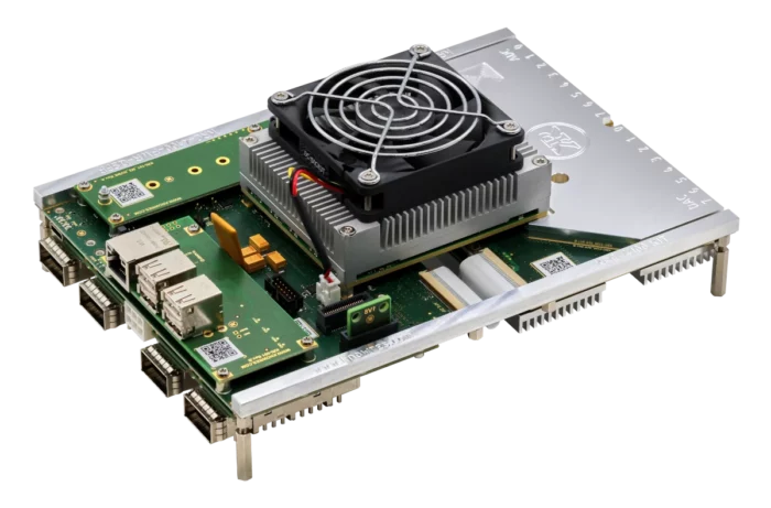 Angled view of KRC-4100 evaluation carrier with KRM-4 module, heat sink, and fan.