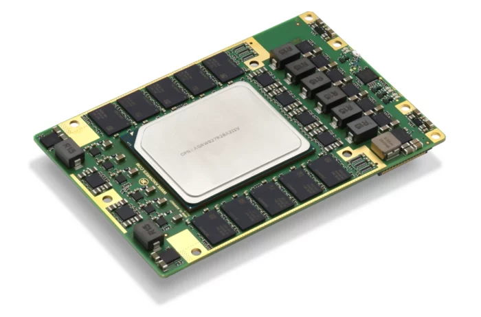 Angled view of Knowledge Resources' KRM-10A9W027 RFSoM featuring Altera Agilex 9 AGRW027 Direct RF FPGA