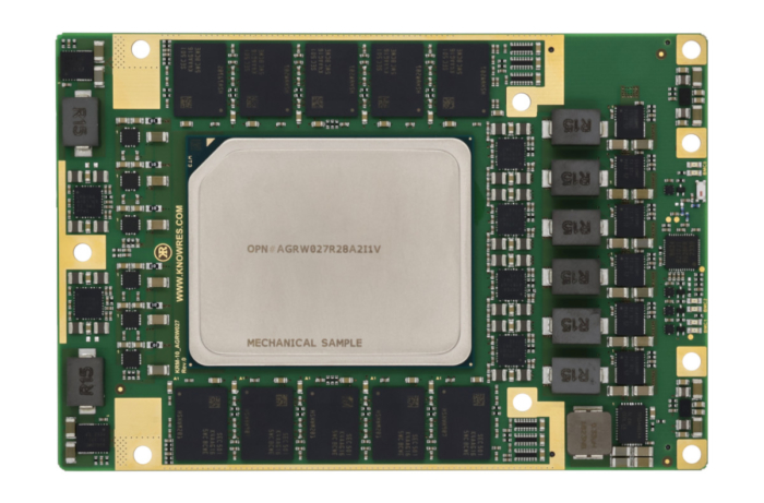 Top view of Knowledge Resources' KRM-10A9W027 RFSoM featuring Altera Agilex 9 AGRW027 Direct RF FPGA
