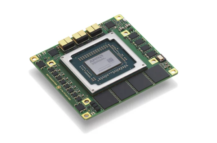 Angled view of Knowledge Resources' KRM-12VR1xx2 RFSoC module, featuring AMD's Versal RF