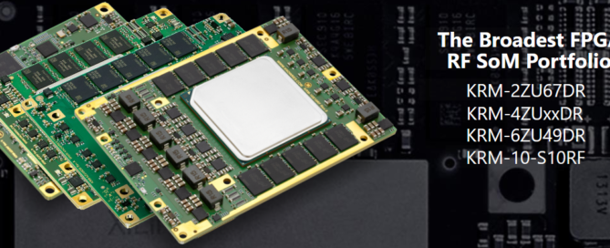 Knowledge Resources RFSoM FPGA modules stacked like cards next to the text: "The Broadest FPGA RFSoM Portfolio: KRM-2ZU67DR, KRM-4ZUxxDR, KRM-6ZU49DR, KRM-10-S10RF"