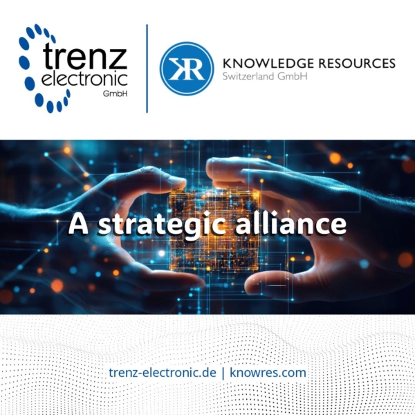 Trenz Electronic and Knowledge Resources logos. "A strategic alliance" text an image of two hands reaching to each other