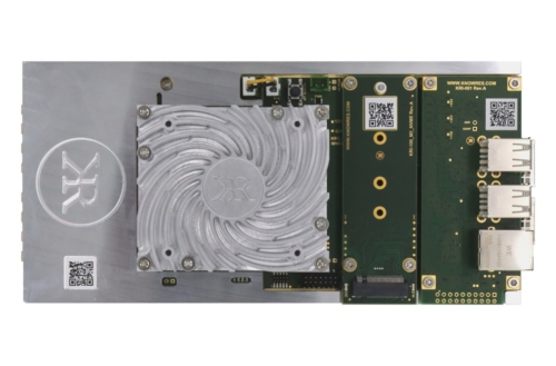 Top view of KRC-2000 evaluation carrier with heat sink on KRM-2 RFSoC Module
